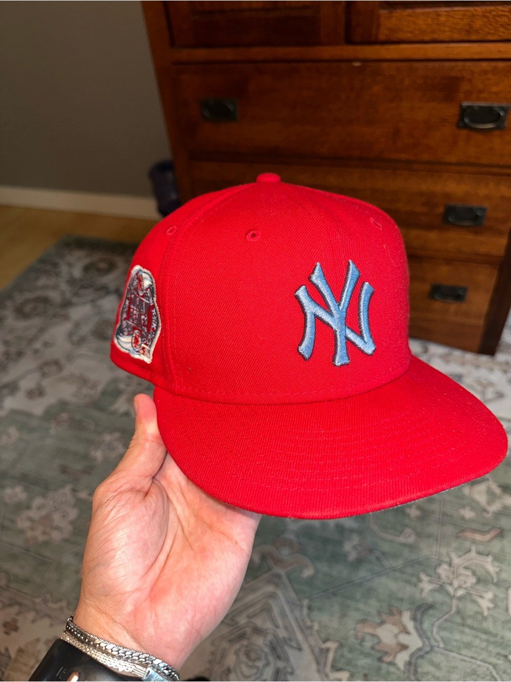 New era 9Fifty Red Kids NY Embroidered Baseball Cap with Light Blue Logo